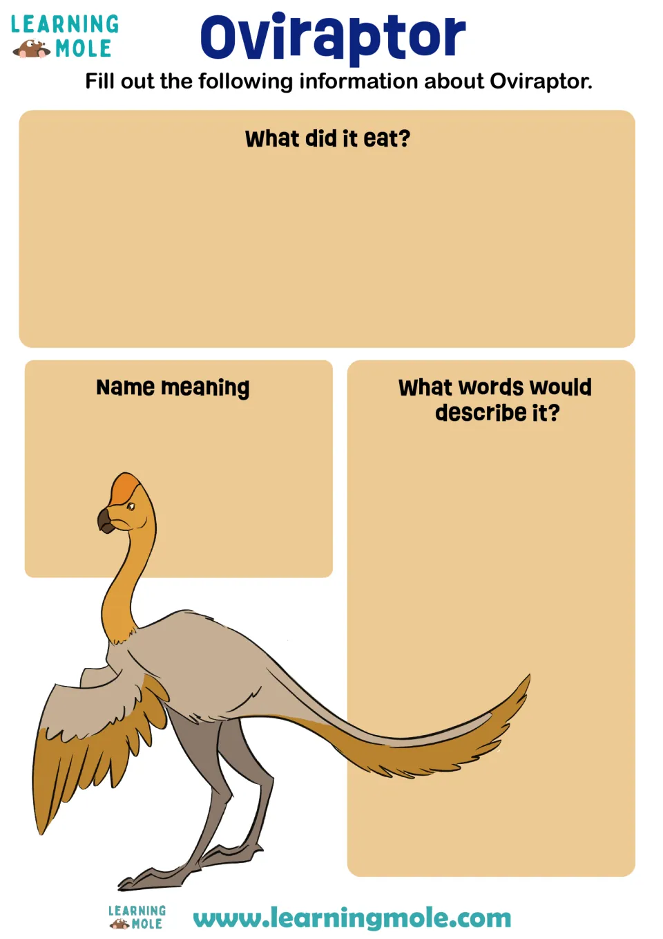 Oviraptor fact page: students write what it ate, its name meaning and words to describe it, beside a feathered drawing