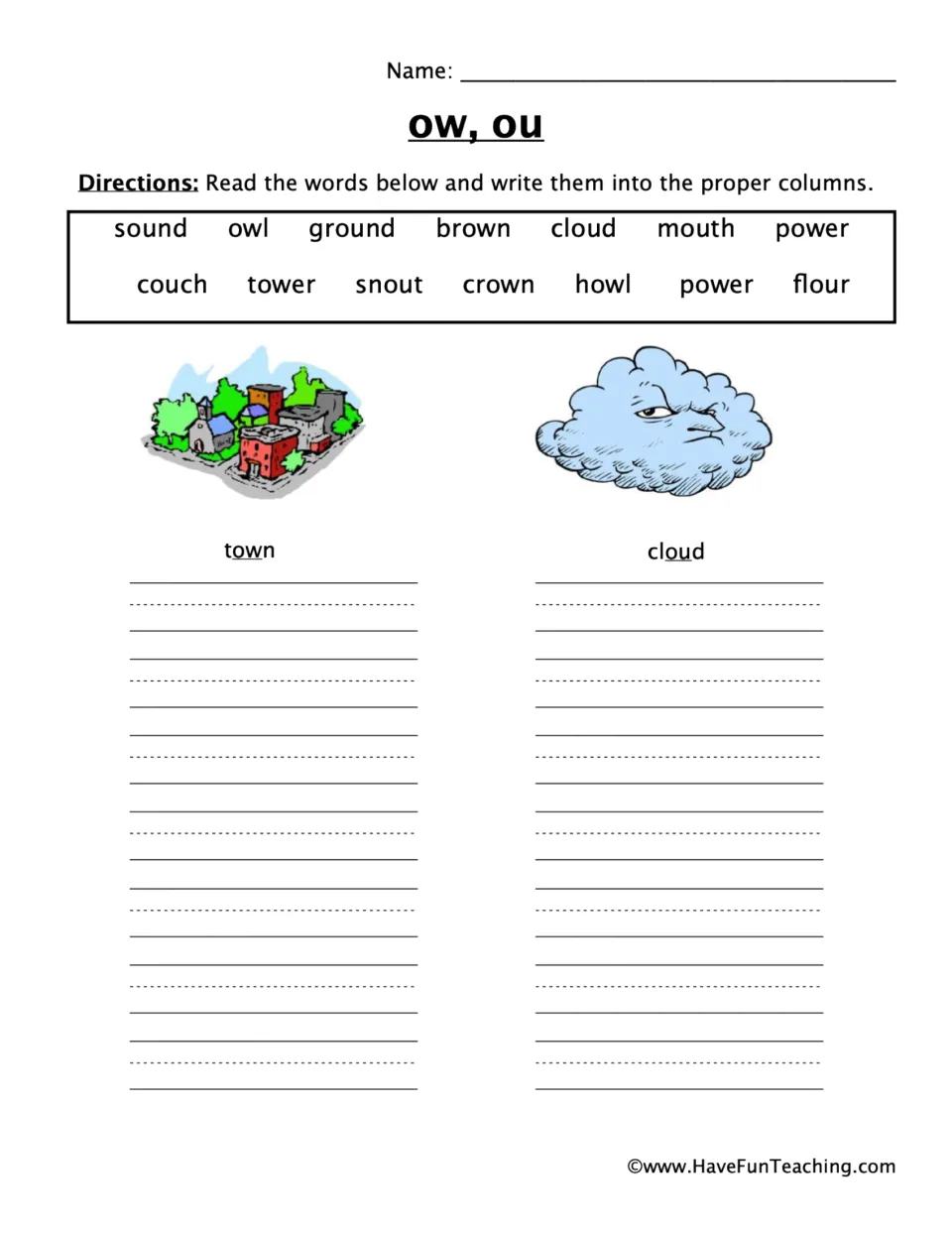 Ow and ou vowel sort: students read 14 words like owl, crown, mouth and flour and write each under town or cloud