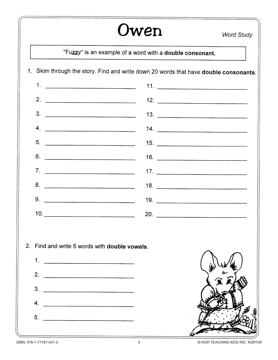 Word study activity asking students to find 20 words with double consonants and five with double vowels