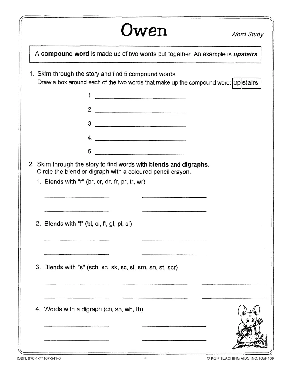 Word study activity on five compound words, r, l, and s blends, and digraphs ch, sh, wh, and th in the story