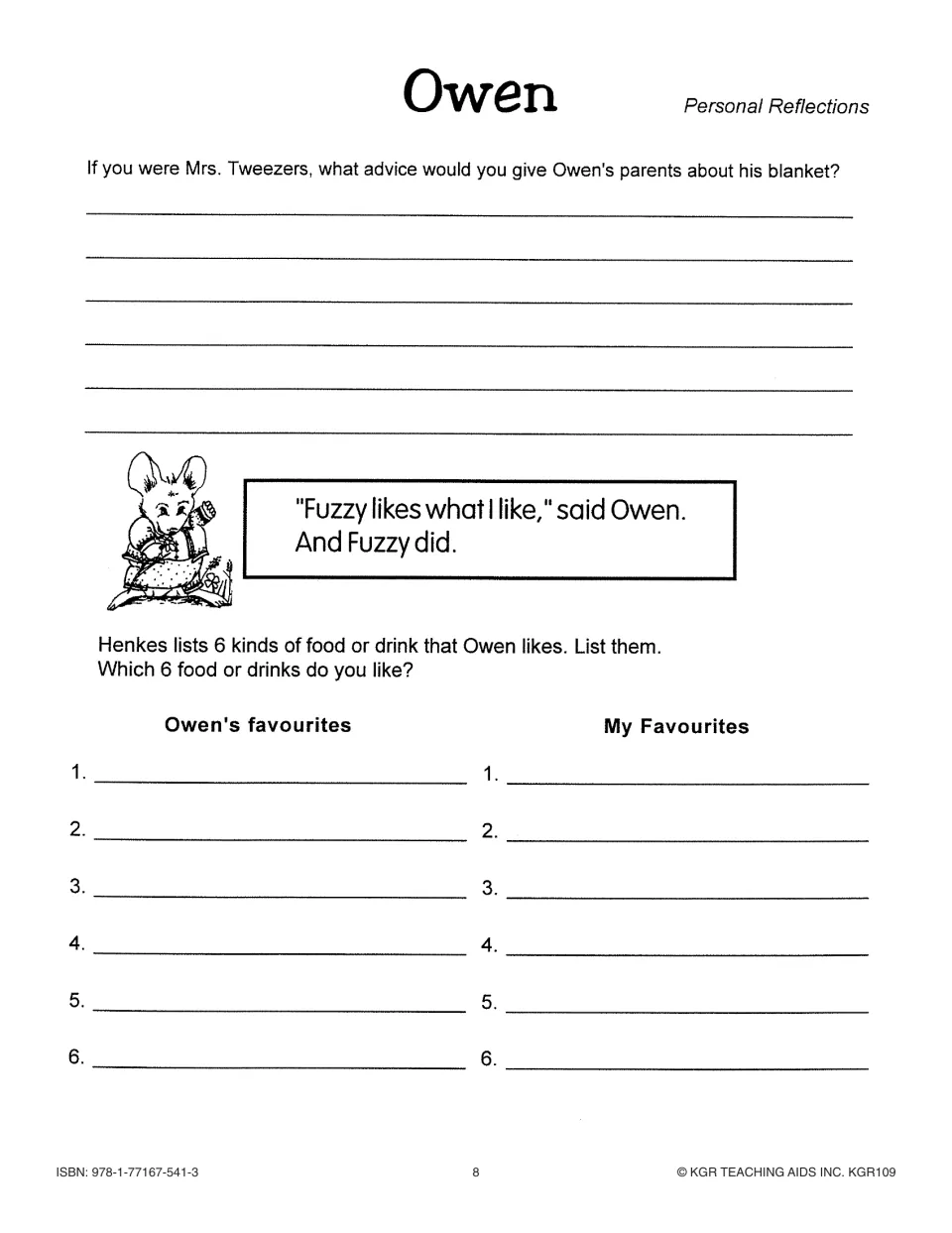 Personal reflection prompts ask for advice to Owen's parents and lists of his six favorite foods or drinks and yours