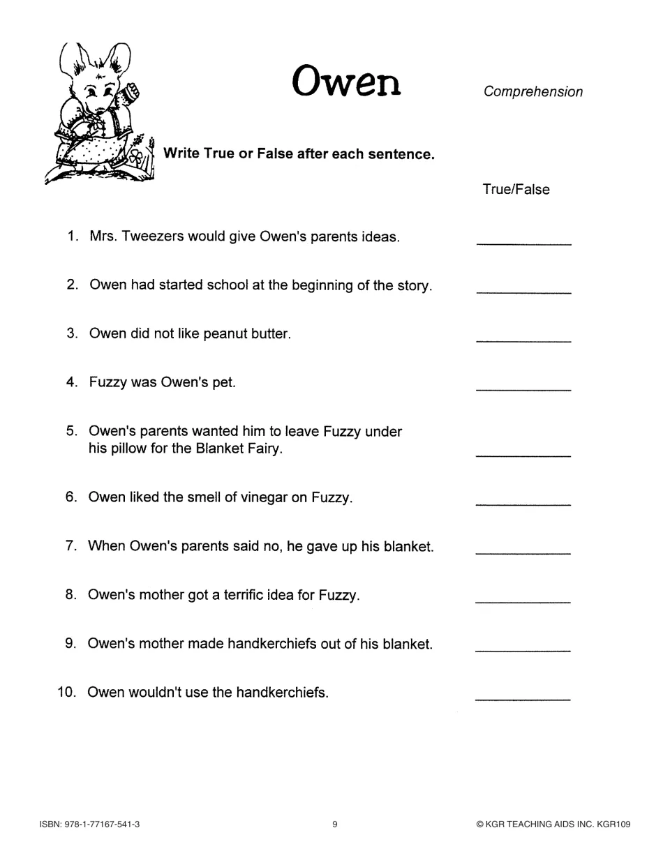 Comprehension activity with 10 true-or-false statements about Owen, Fuzzy, and attempts to give up the blanket