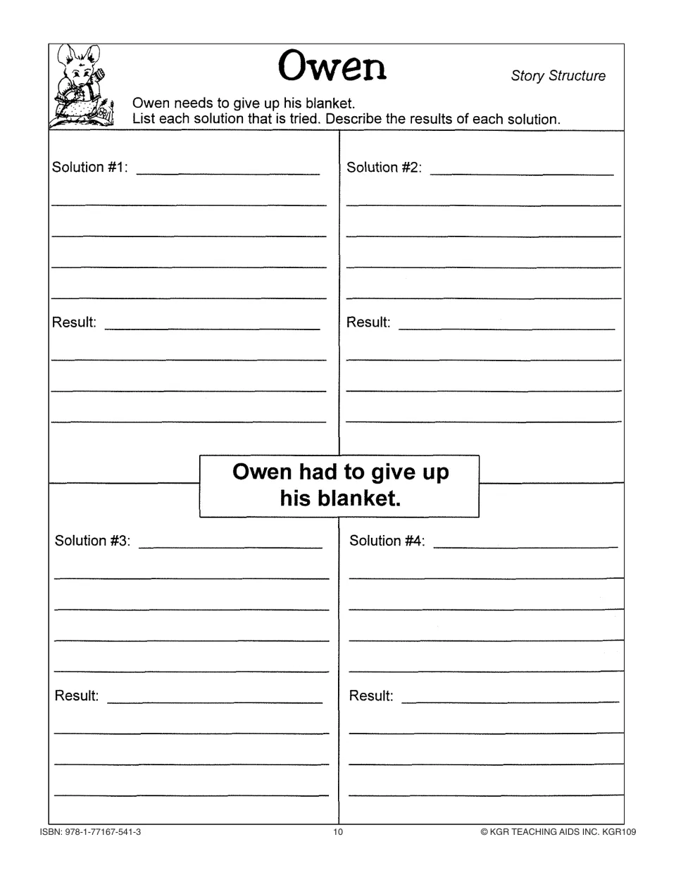 Story structure organizer asking students to record four solutions tried to give up Owen's blanket and their results