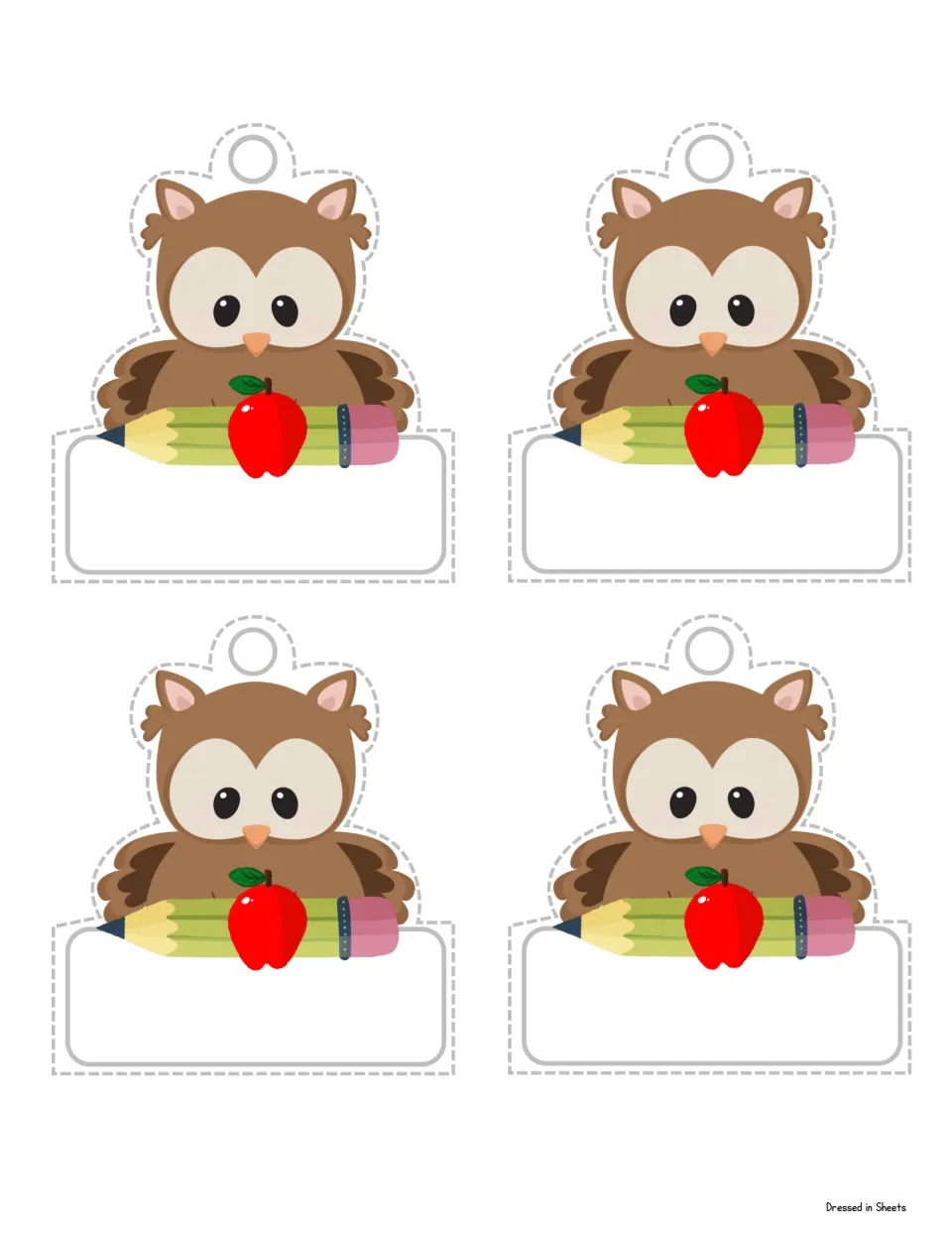 Third set of four matching owl name tags to cut along the dashed outline, each with a hole for string and a blank label