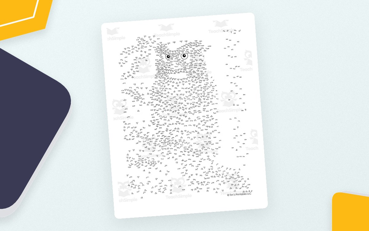 Owl Connect the Dots page with 1,100 points forming an owl portrait.
