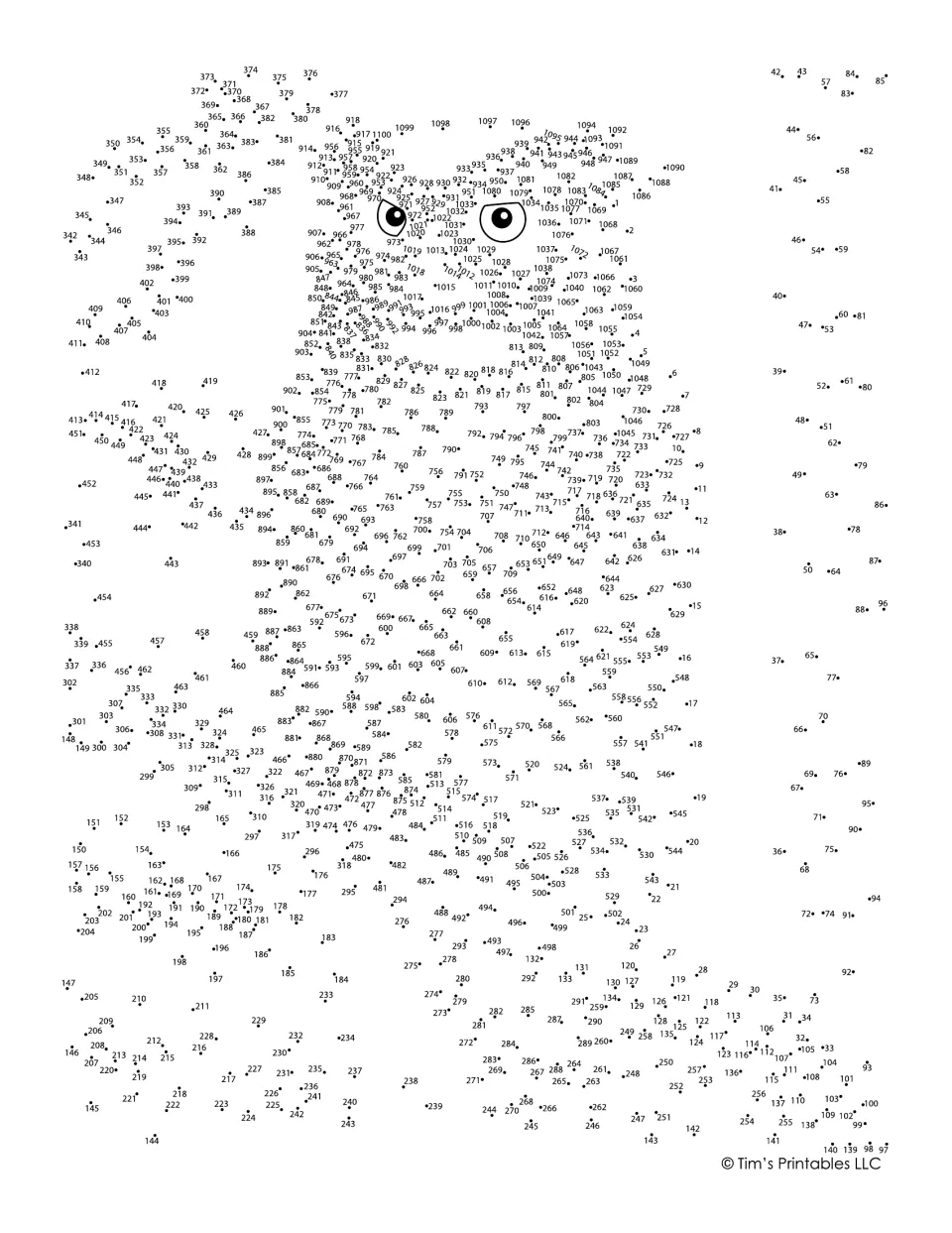 Owl dot-to-dot puzzle: students join numbered dots from 1 to 1100 in order; only the owl's eyes are drawn to start