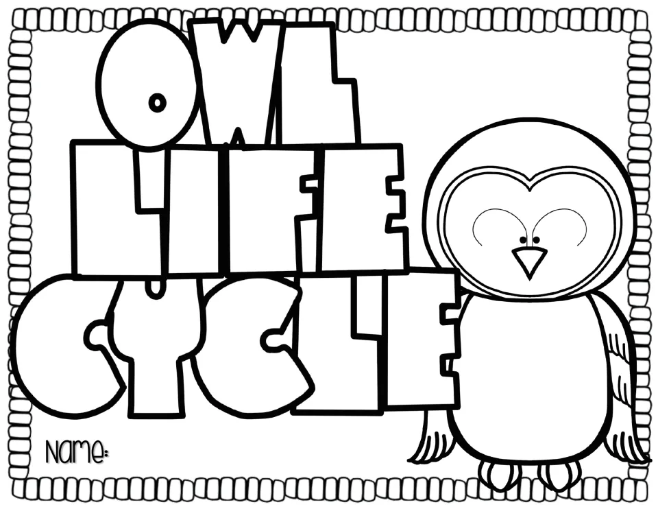 Student cover for the owl reading packet, featuring large outlined title letters, an owl, and a name prompt