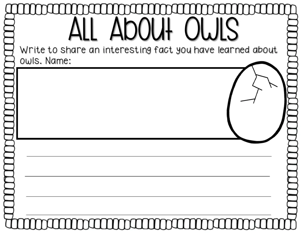 'All About Owls' writing prompt asks students to share an interesting fact they have learned about owls.