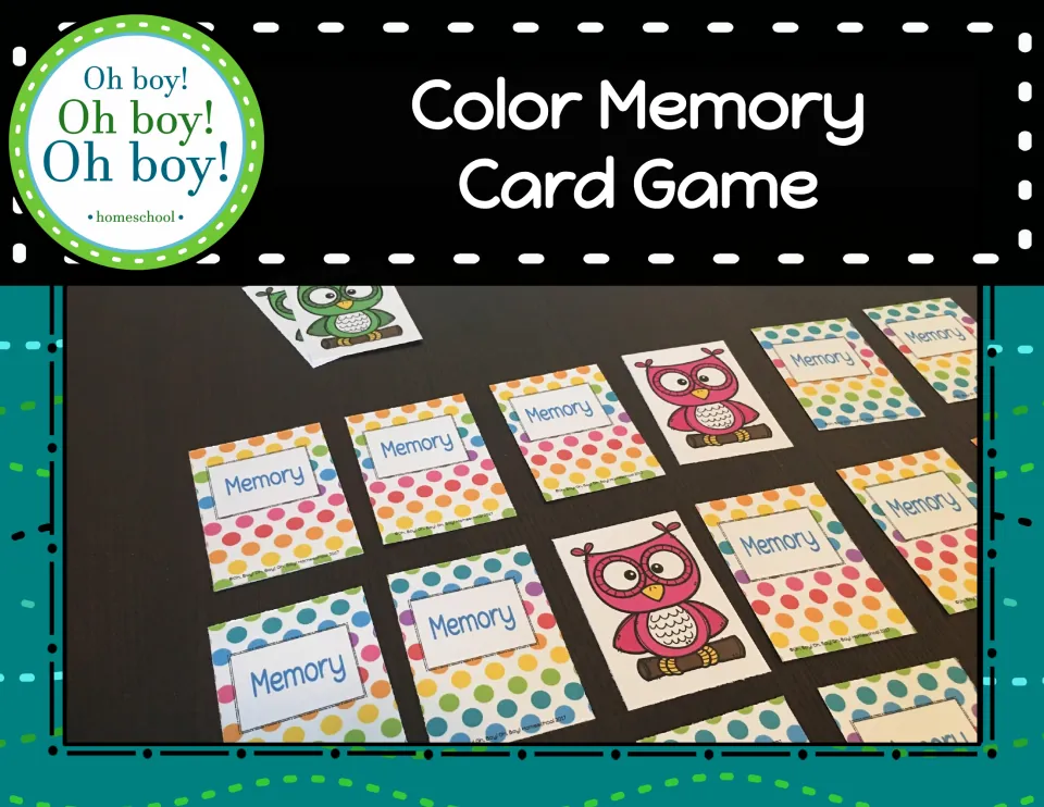 Owls by Color Memory Card Game cover with a photo of owl cards and polka-dot Memory card backs laid out on a table