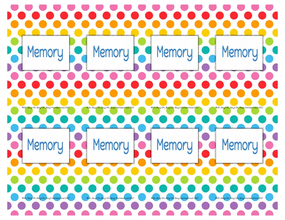 Card backs: eight rainbow polka-dot cards labeled 'Memory', for the backs of the owl color cards
