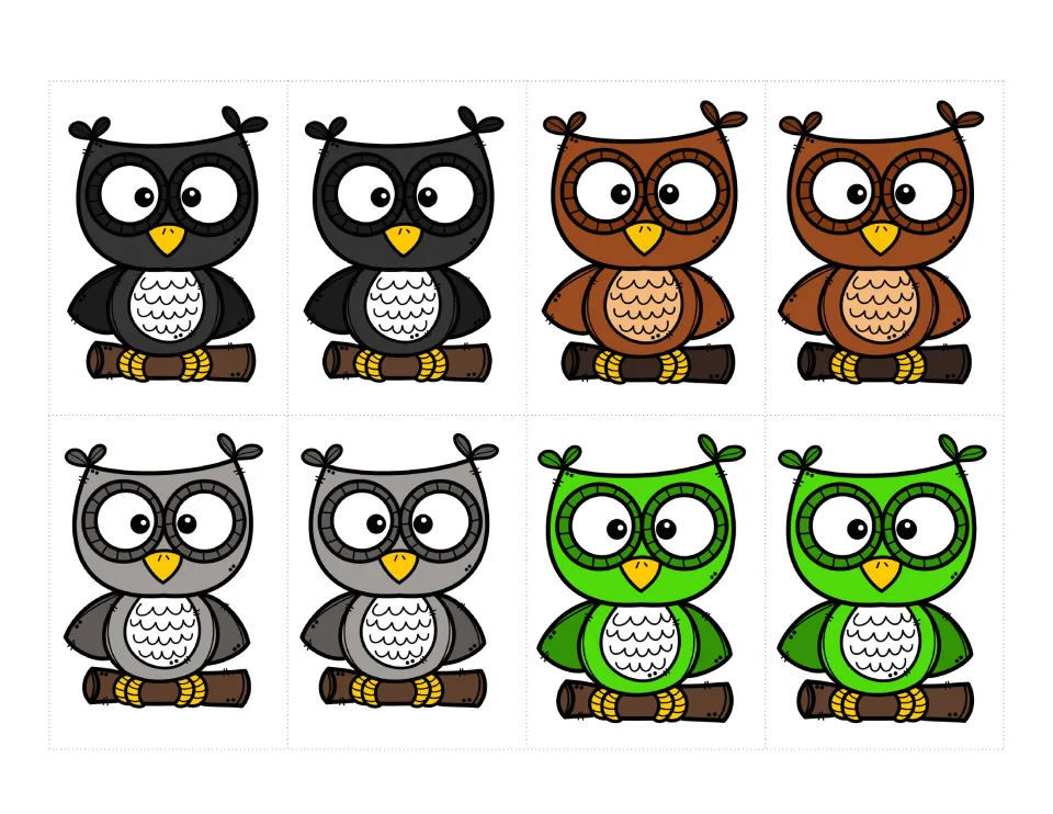 Owl color cards 1–8: matching pairs of black, brown, gray and green owls, two of each color