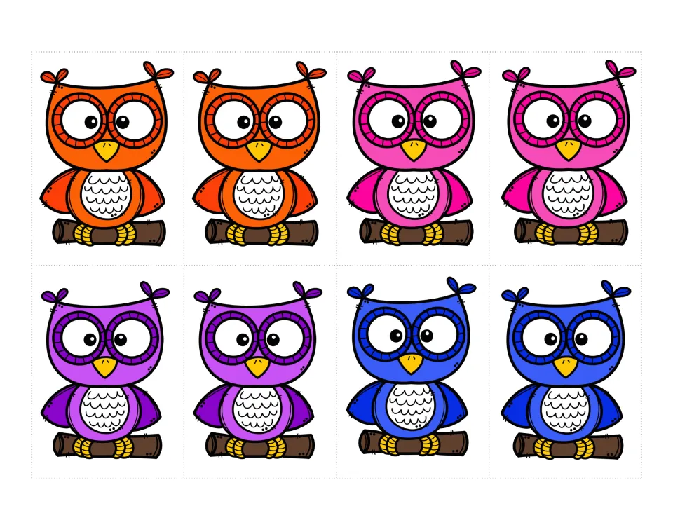 Owl color cards 9–16: matching pairs of orange, pink, purple and blue owls, two of each color