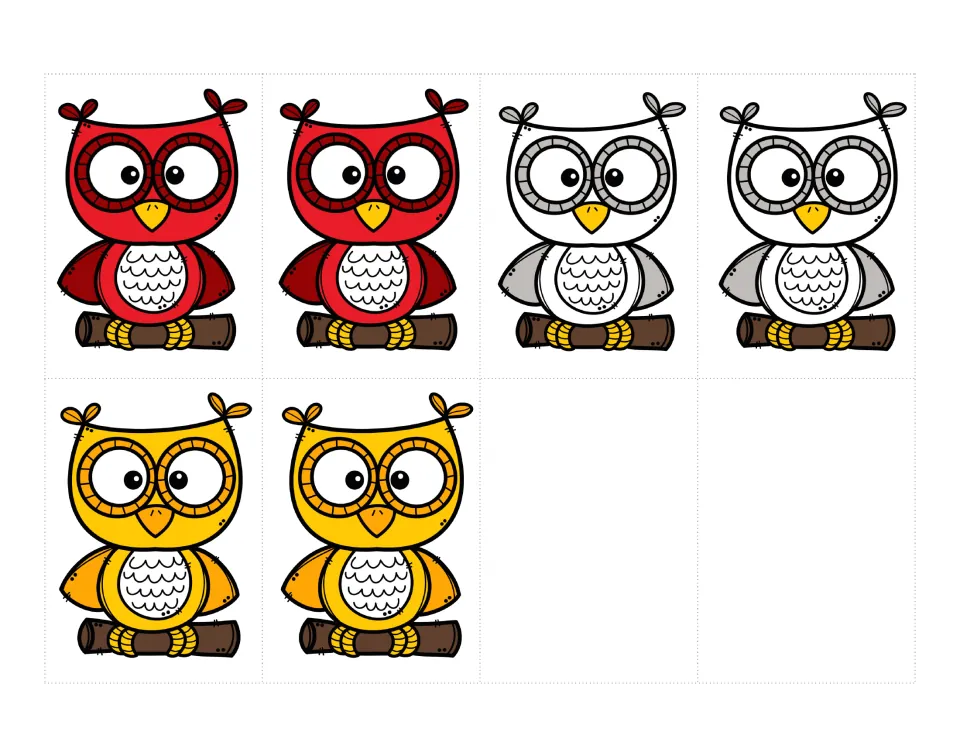 Owl color cards 17–22: the last three pairs, red, white and yellow owls, completing the 11 color matches