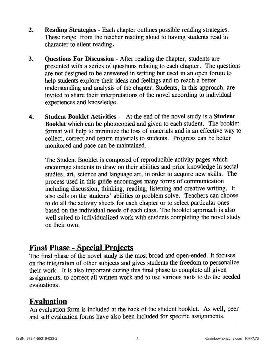 Novel study format guide: reading strategies, discussion, student booklet activities, and evaluation forms