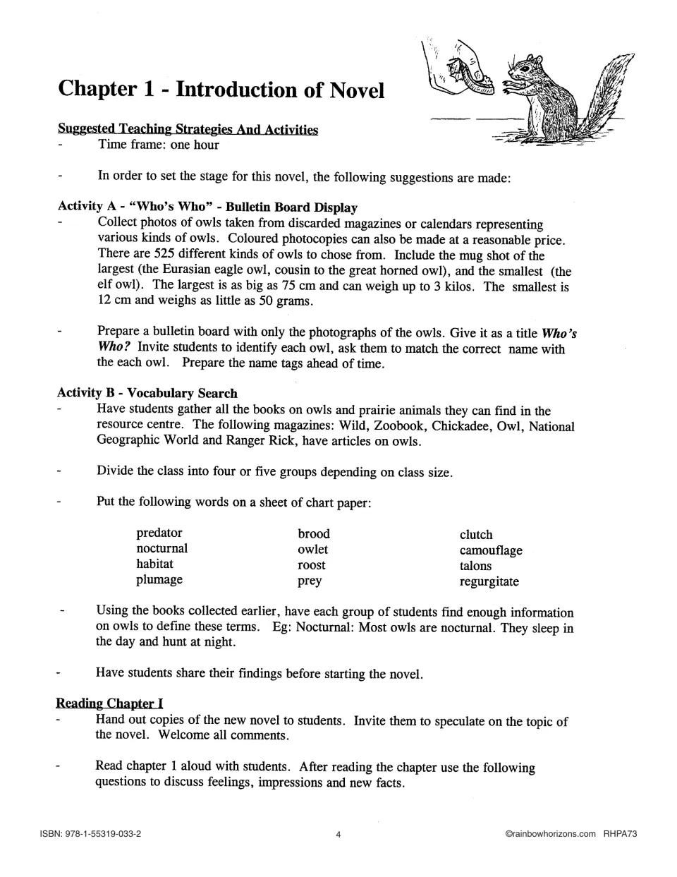 Chapter 1 teaching guide: owl identification display, vocabulary research, and reading the chapter aloud