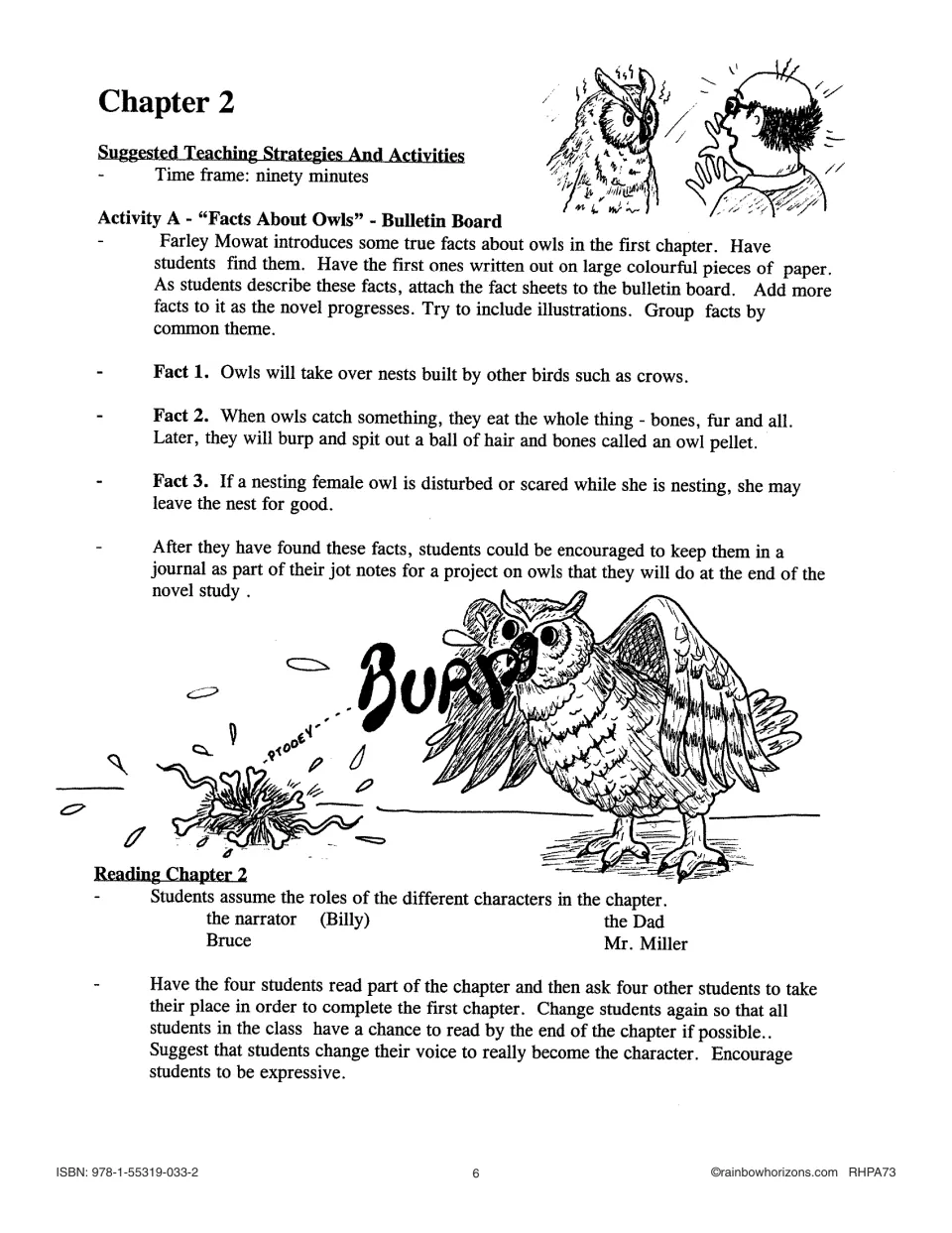 Chapter 2 teaching guide: build an owl facts bulletin board, keep journal notes, and read character roles