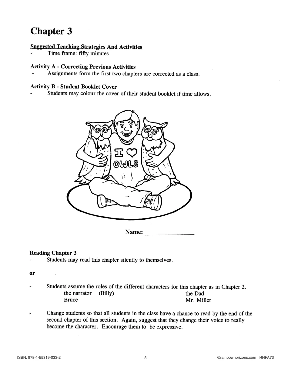 Chapter 3 teaching guide: review earlier work, color the student booklet cover, and read silently or in roles