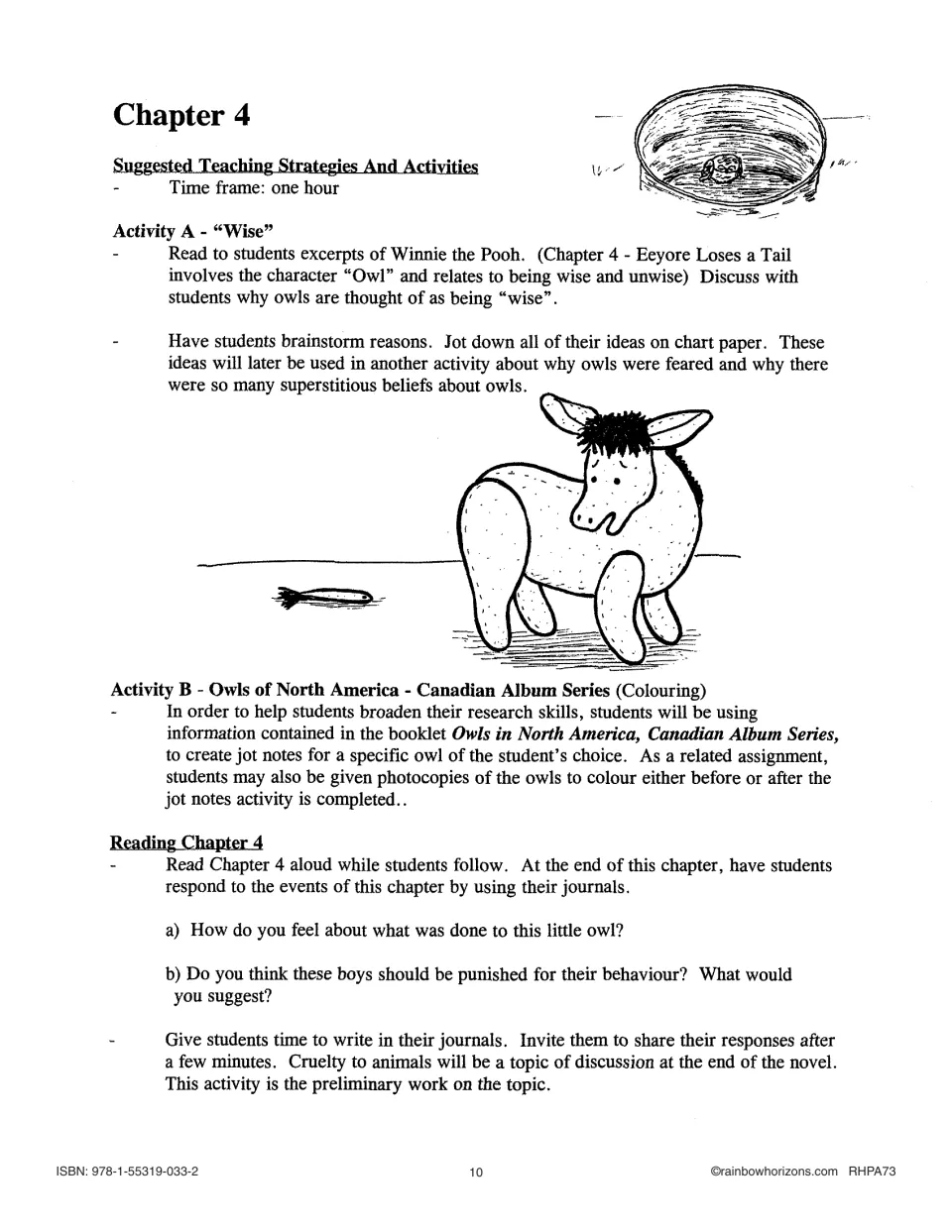 Chapter 4 teaching guide: discuss owl wisdom, research a chosen owl, and write journal responses to cruelty