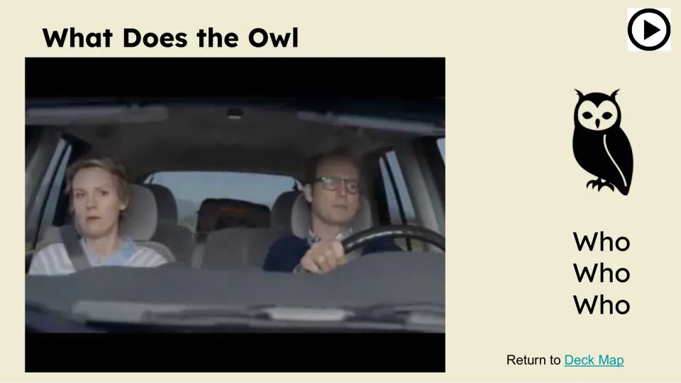 Owl lesson video slide titled What Does the Owl, showing two people in a car and the words Who Who Who