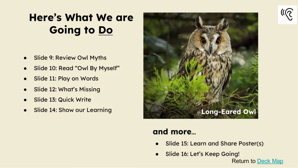 Activity preview lists slides 9–16, from owl myths and reading to word play, writing, and a sharing poster