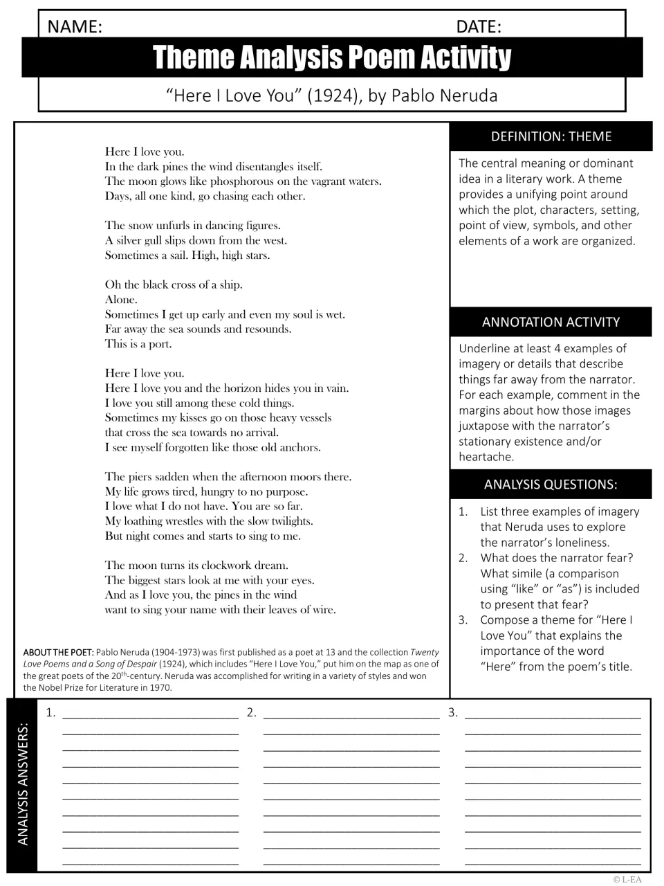 Theme analysis of Neruda's "Here I Love You": students underline distance imagery, annotate, and answer 3 questions