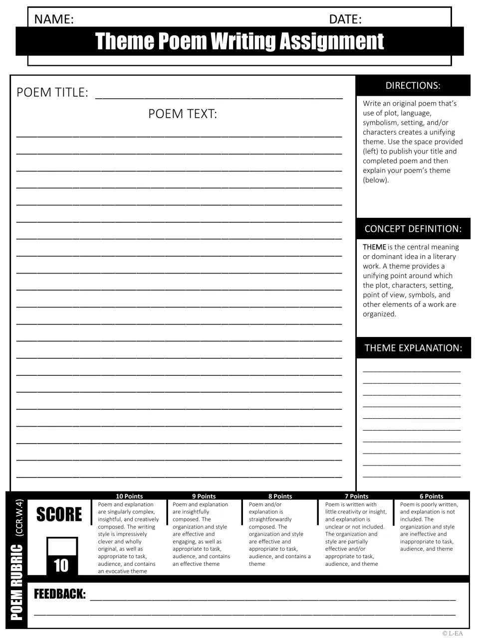 Theme poem writing: students compose an original poem with a unifying theme, then explain that theme in their own words