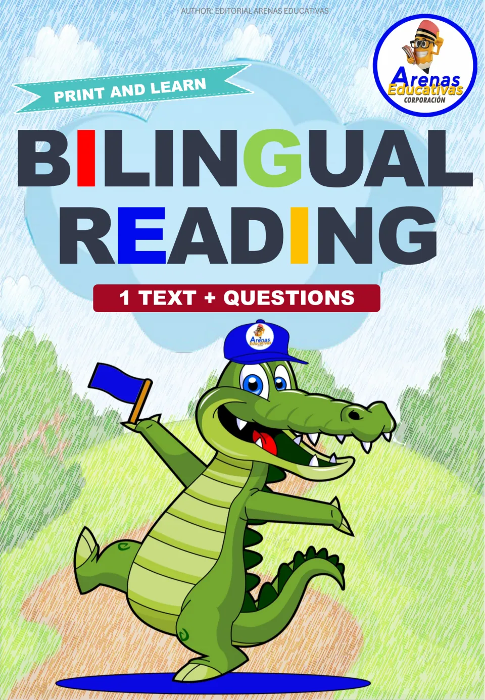Bilingual reading section cover labeled 'Print and Learn,' 'Bilingual Reading,' and '1 Text + Questions'