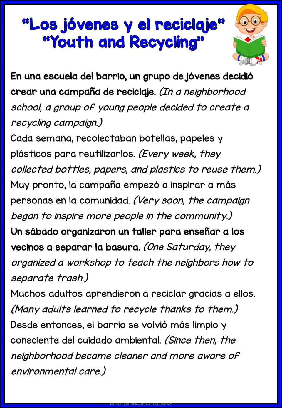 Spanish-English passage 'Youth and Recycling' tells how young people organize a community recycling campaign