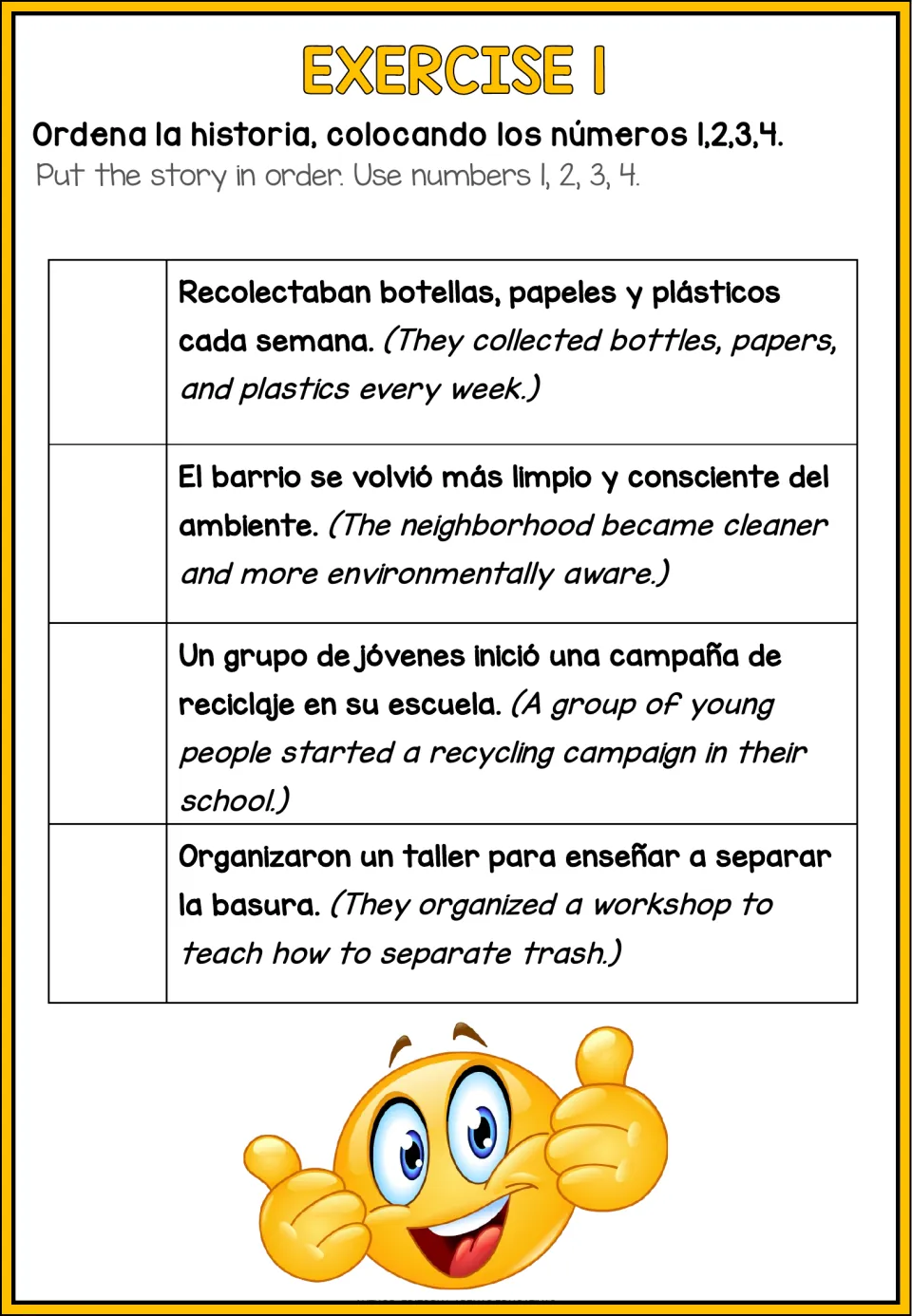 Recycling reading exercise 1 asks students to number four events in order, from campaign launch to results