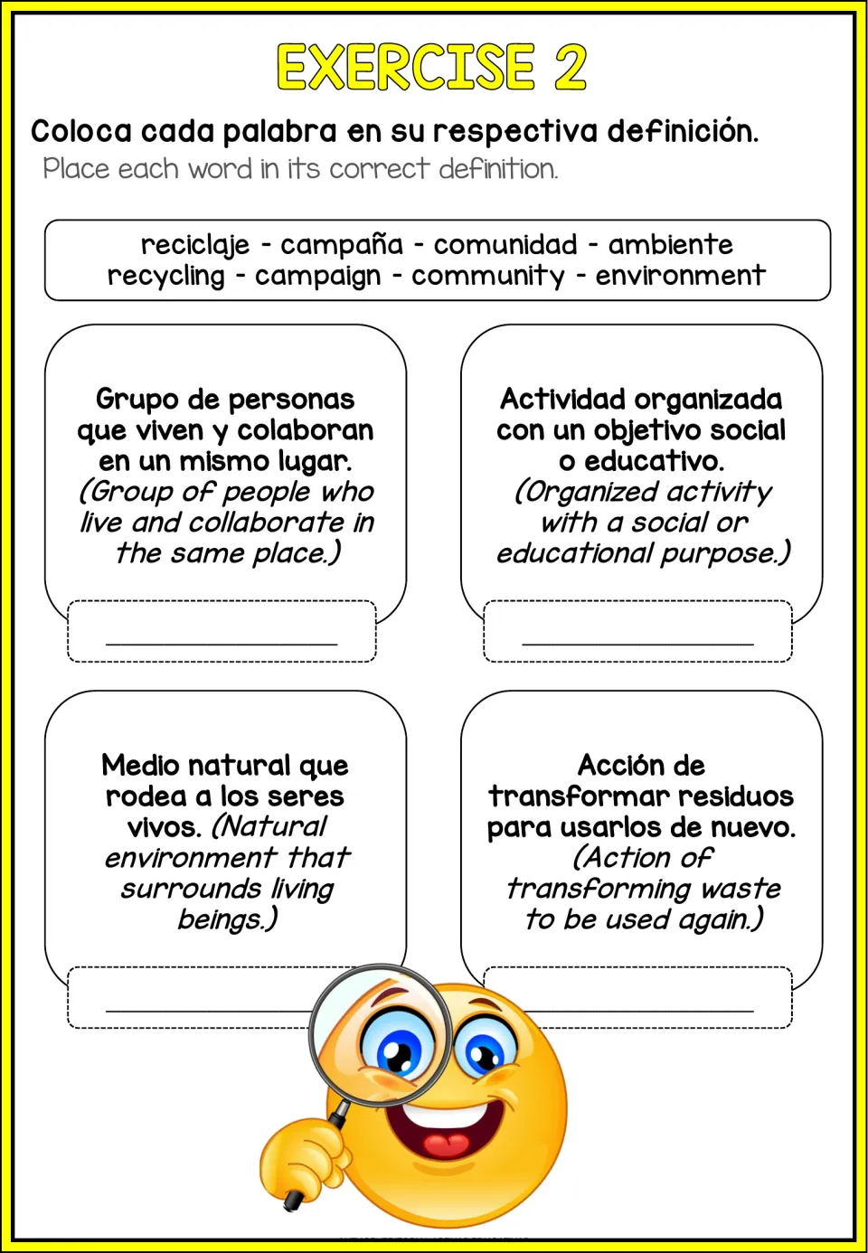 Recycling reading exercise 2 matches recycling, campaign, community, and environment to bilingual definitions