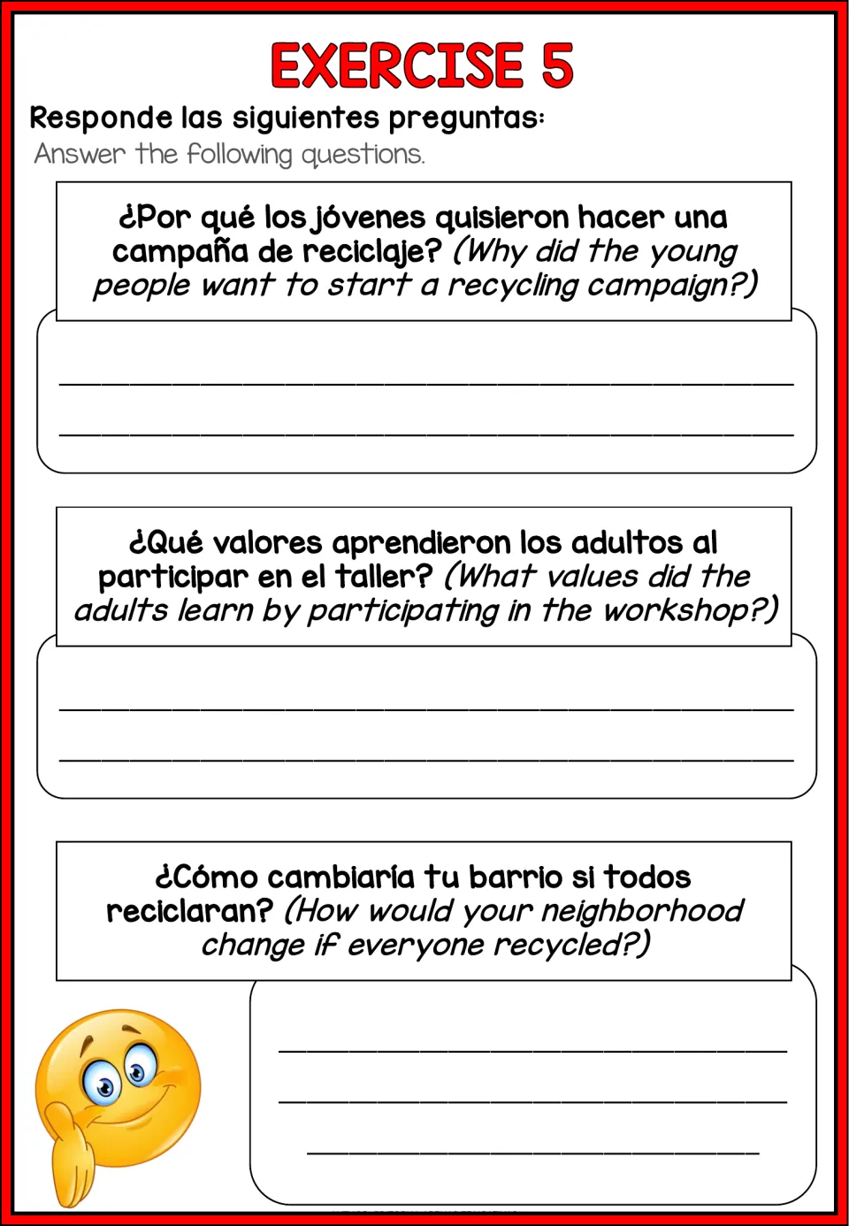 Recycling reading exercise 5 asks why the campaign began, what values adults learned, and how recycling helps