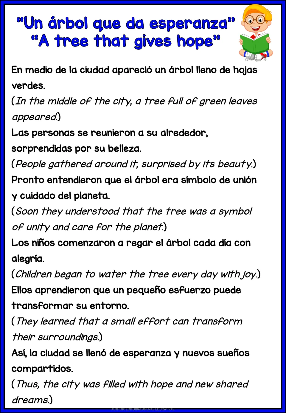 Spanish-English passage 'A Tree That Gives Hope' describes a city tree inspiring unity and care for the planet