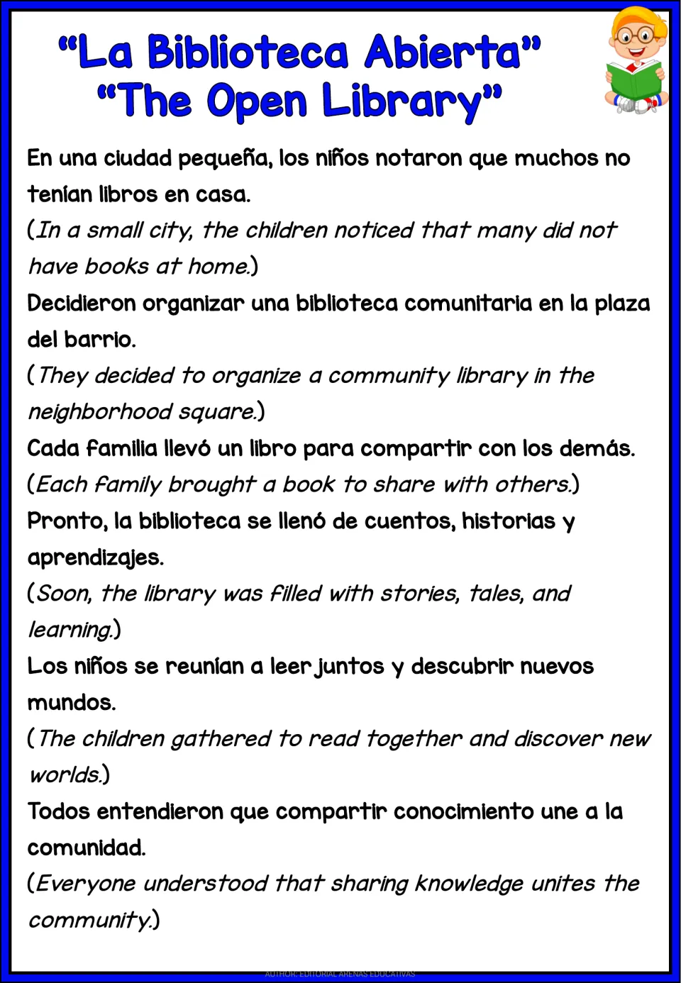 Bilingual passage 'La Biblioteca Abierta' (The Open Library): children organize a library and share books.