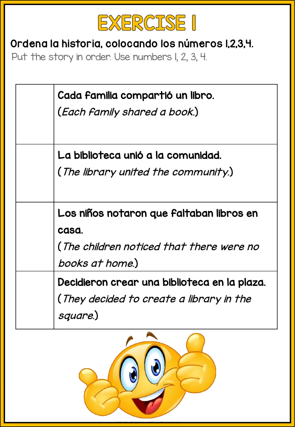 Library story sequencing exercise: number four events about missing books, creating a library, and sharing.