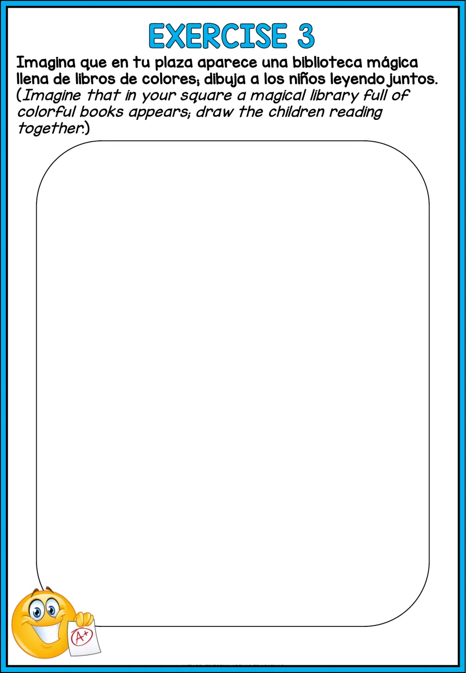 Library story drawing exercise: imagine a magical library full of colorful books and draw children reading.