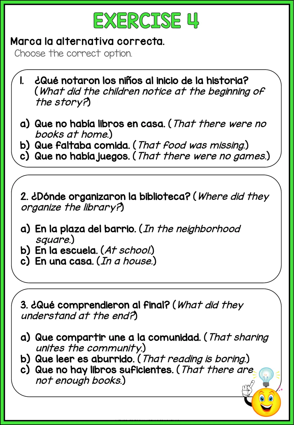 Library story comprehension exercise: three multiple-choice questions about missing books, location, and sharing.