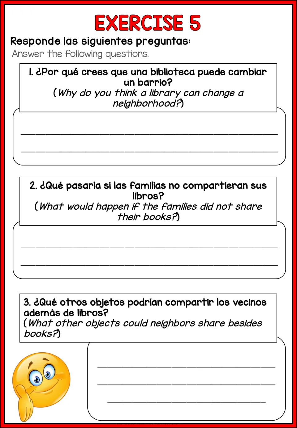 Library story written responses: explain a library's impact, not sharing books, and other objects to share.
