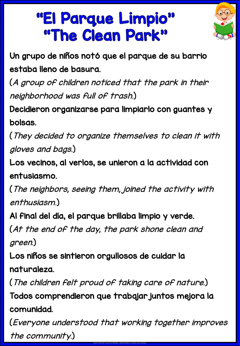 Bilingual passage 'El Parque Limpio' (The Clean Park): children and neighbors work together to clean a park.
