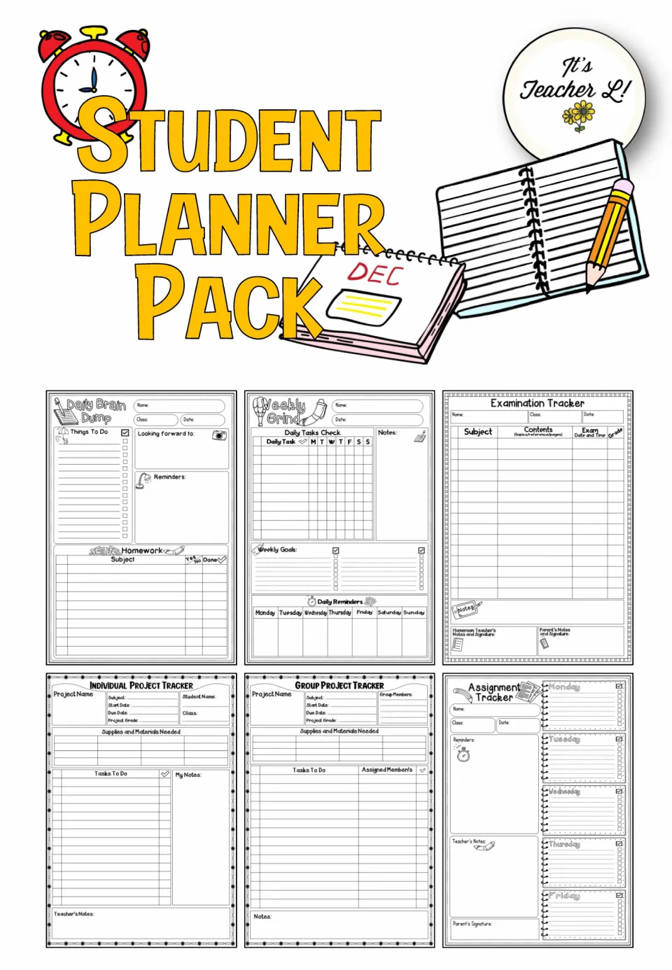 Student Planner Pack cover showing samples of daily, weekly, examination, project, and assignment planners