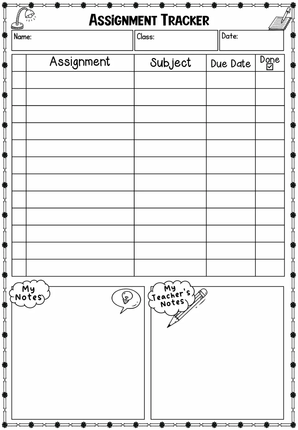 Assignment tracker for assignments, subjects, due dates, and completion, plus student and teacher notes