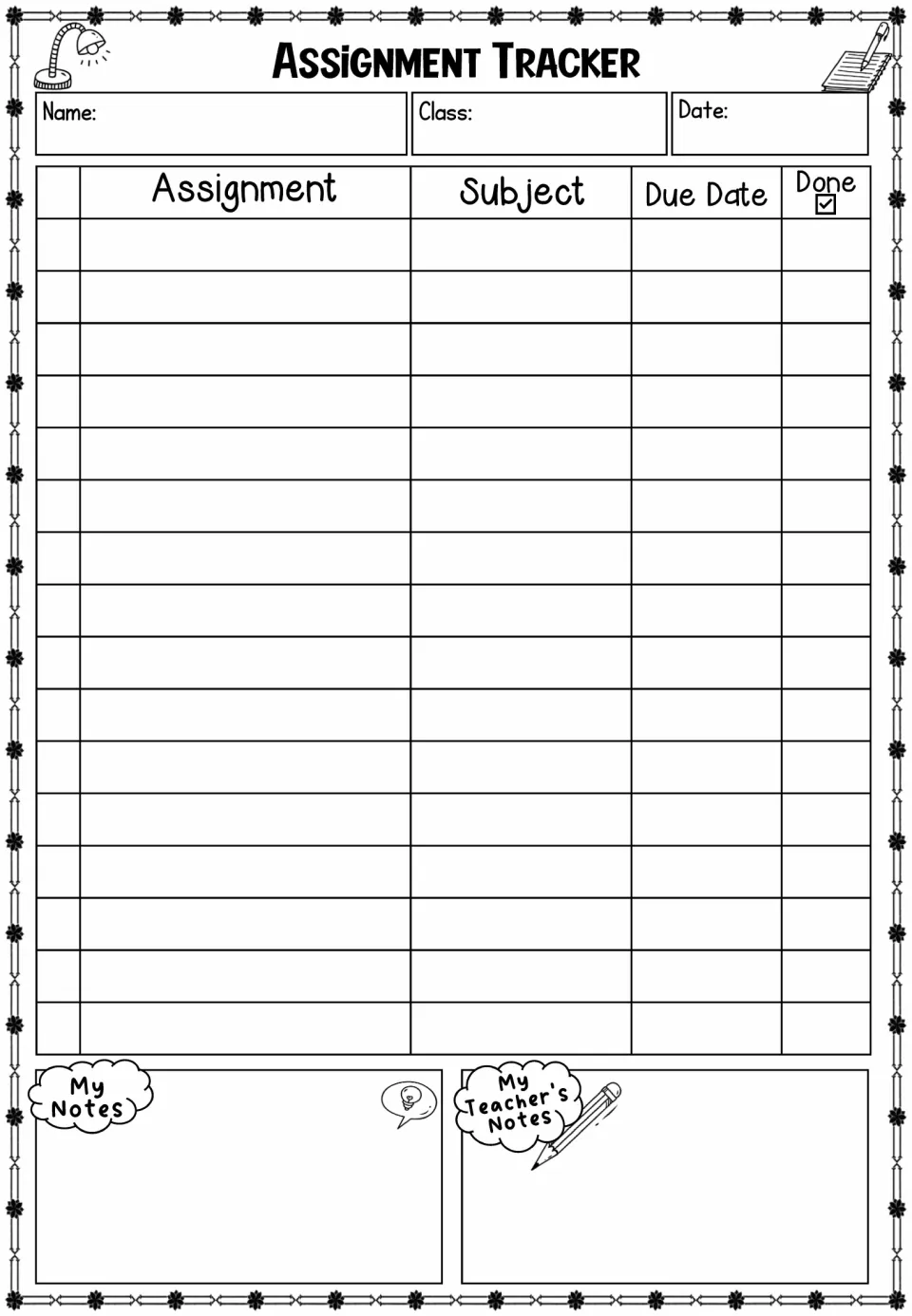 Assignment tracker offering more assignment entries, with subjects, due dates, completion, and notes