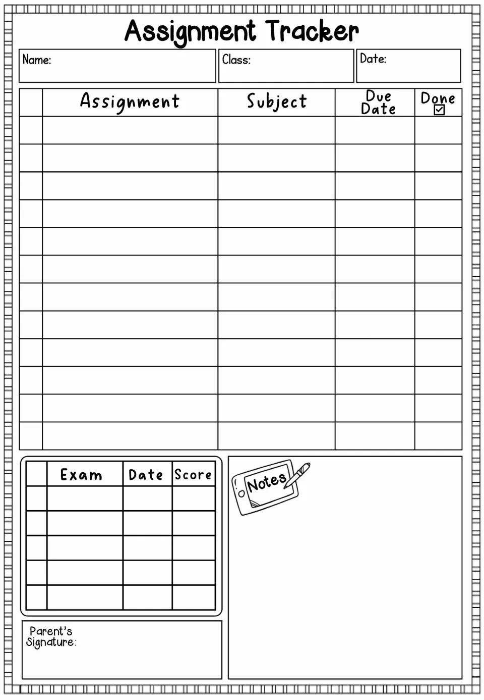 Assignment tracker recording subjects, due dates, completion, exam dates and scores, and a parent signature