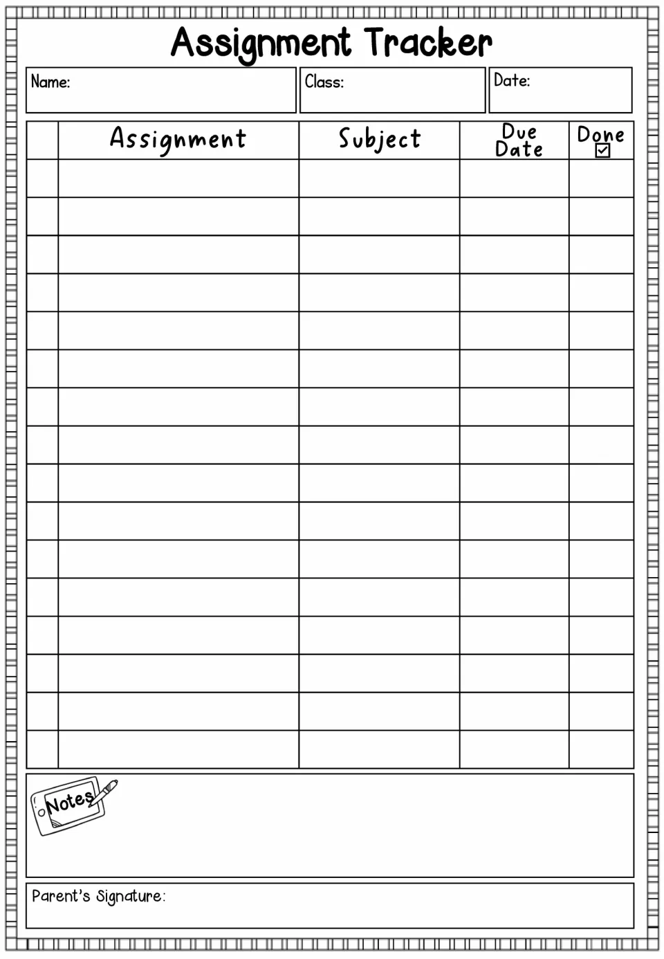Assignment tracker for an extended list of assignments, subjects, due dates, notes, and a parent signature
