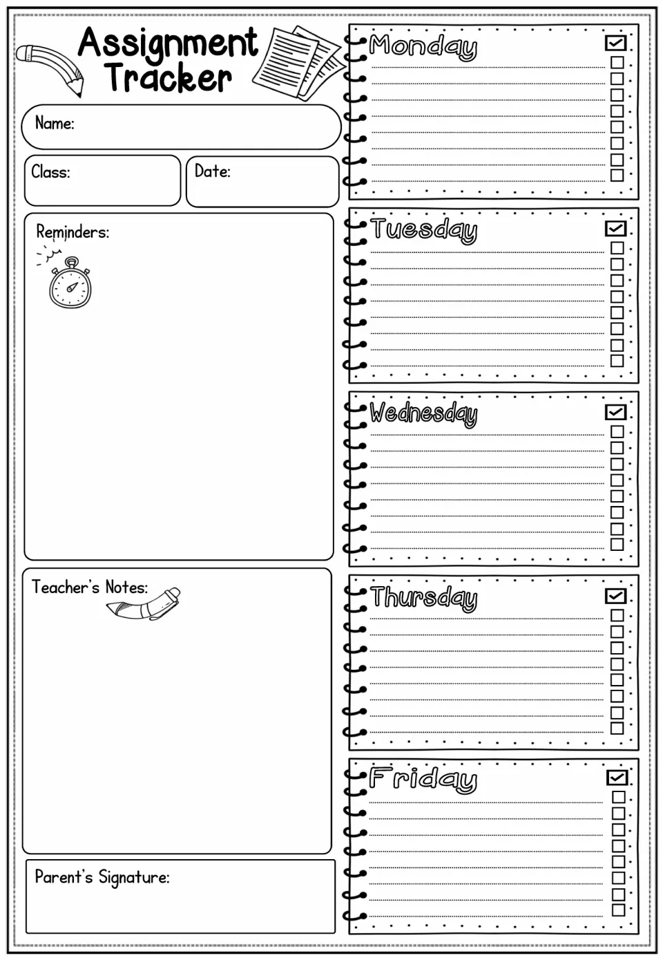Weekly assignment tracker for Monday through Friday, with reminders, teacher notes, and a parent signature