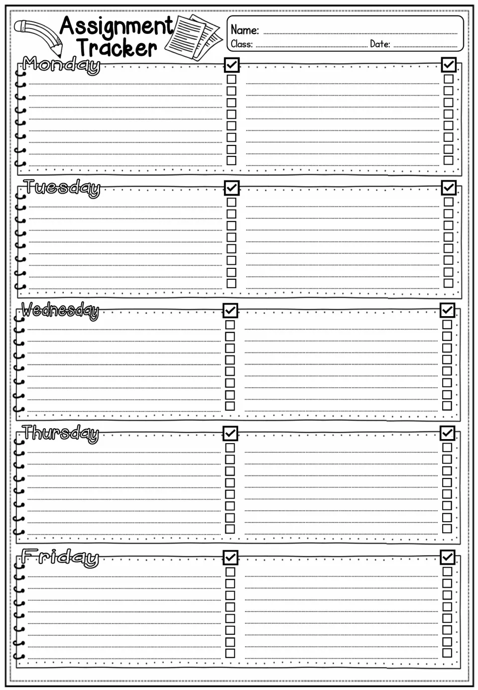 Weekly assignment tracker with expanded Monday through Friday task checklists and name, class, and date