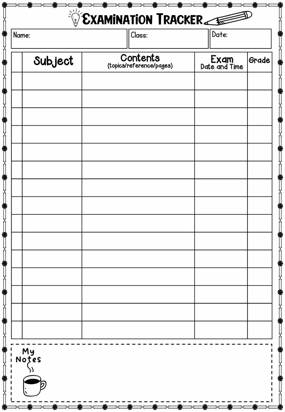 Examination tracker for subjects, topics, references, pages, exam dates and times, grades, and student notes