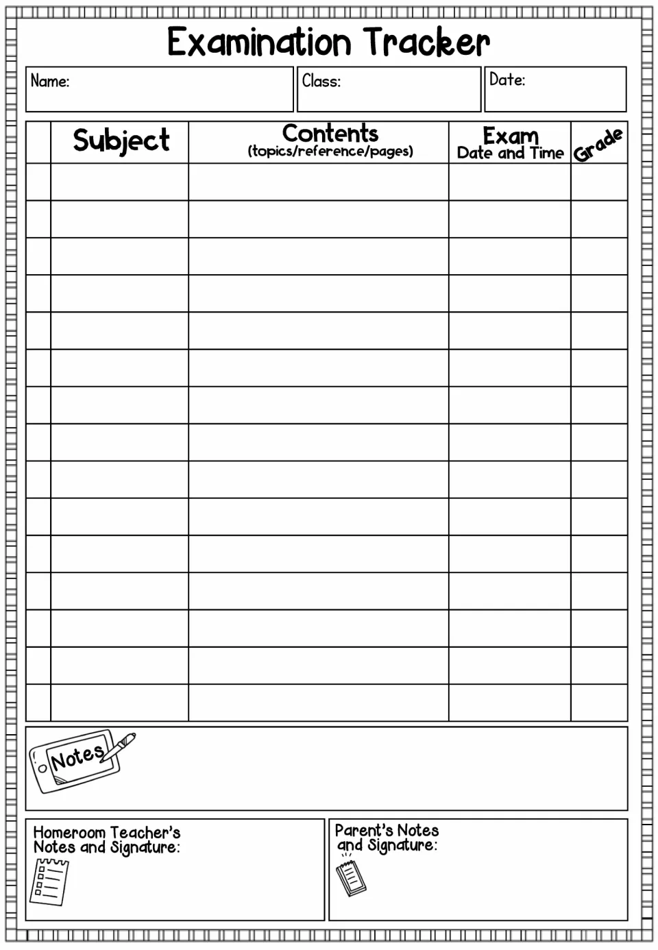 Examination tracker for subjects, exam contents, dates, times, and grades, with teacher and parent notes