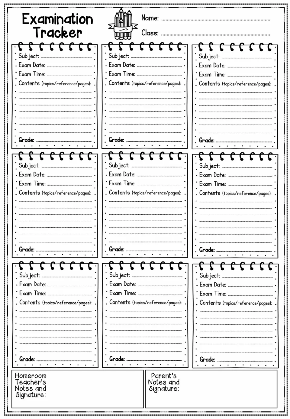 Examination tracker with nine exam entries for subject, date, time, contents, and grade, plus signature areas
