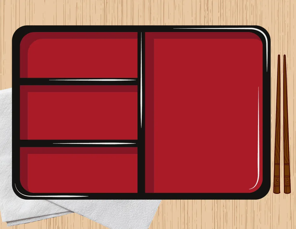 Bento lunch play mat: an empty red bento tray with four compartments beside chopsticks and a napkin for packing pieces