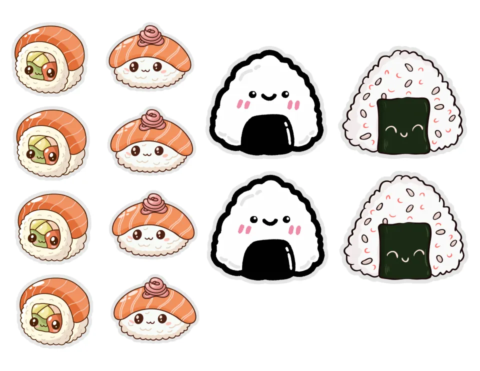 Sushi cut-outs: four salmon maki, four salmon mayo nigiri, two plain onigiri and two mixed onigiri to place in the bento